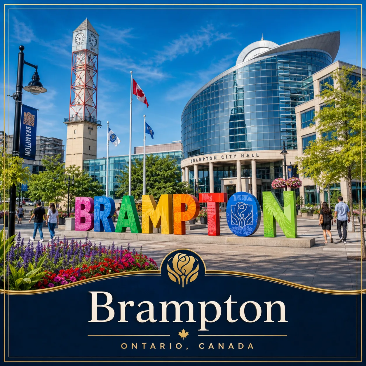 Brampton City Hall and colourful Brampton sign