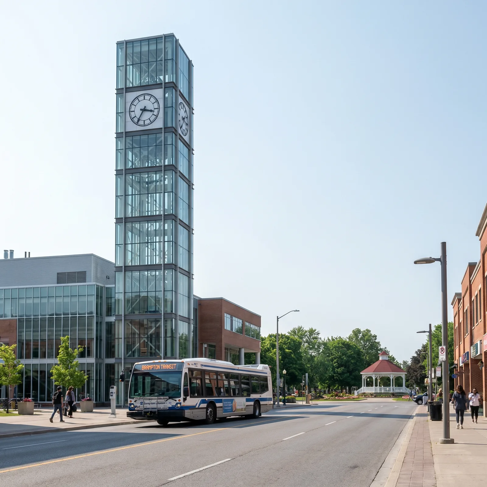 Downtown Brampton clock tower with a Brampton Transit bus