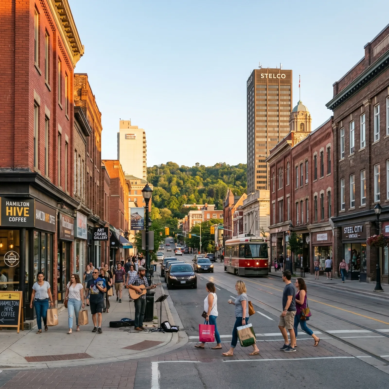 Downtown Hamilton street with brick storefronts and a transit vehicle