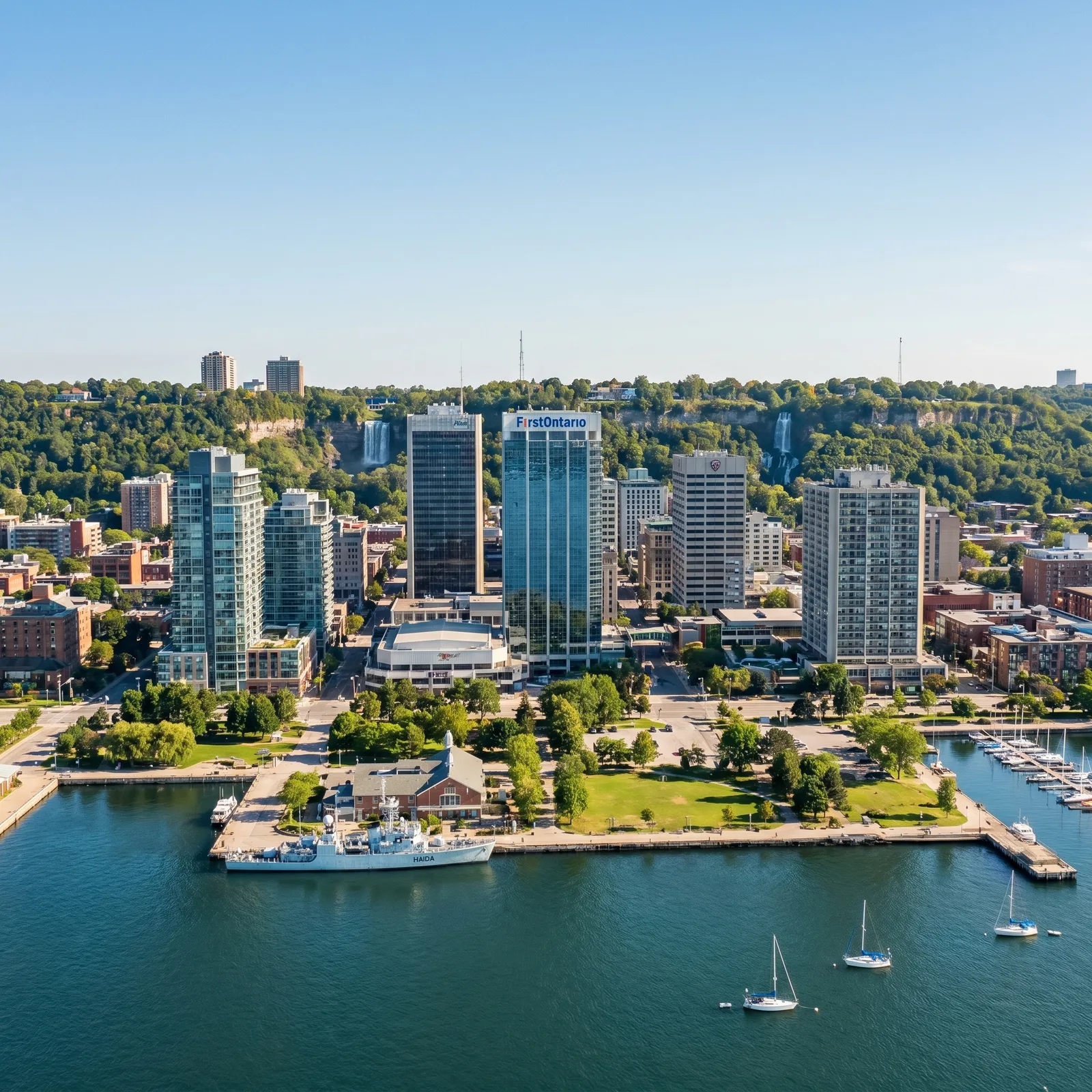 Hamilton waterfront skyline with the Niagara Escarpment behind downtown