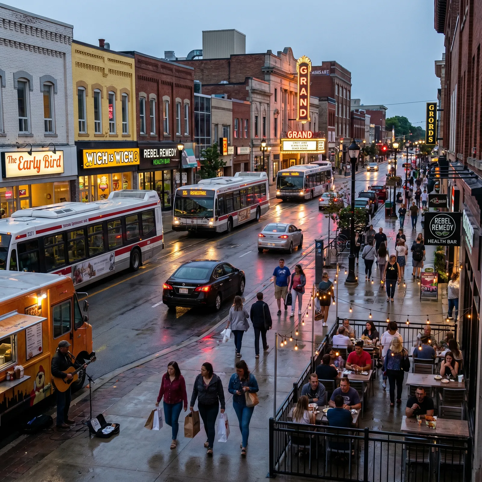 Downtown Kitchener street with the Grand Theatre marquee and transit