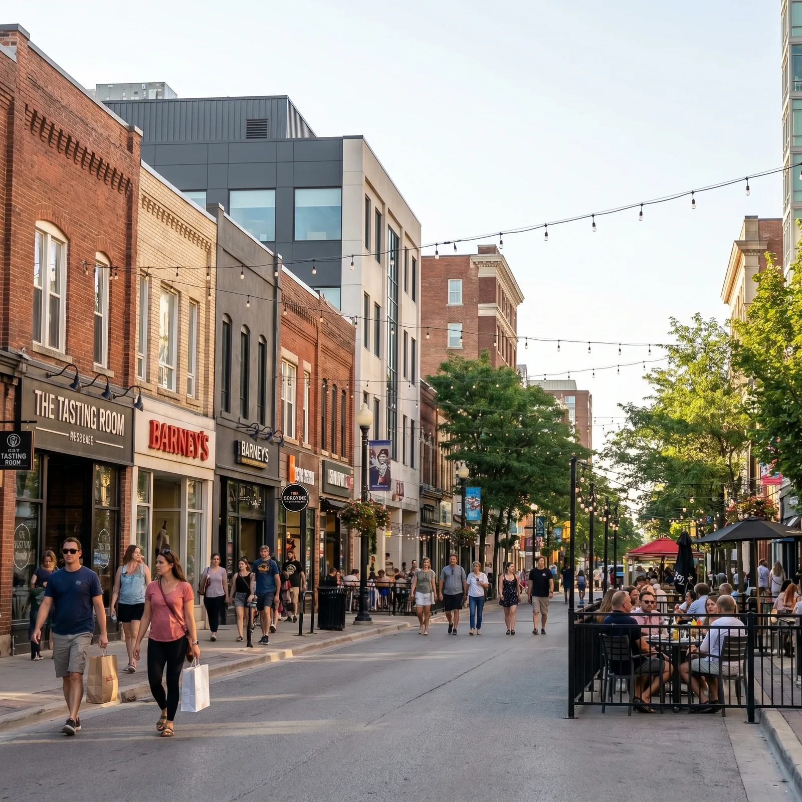 Downtown Kitchener shopping street with patios and pedestrians