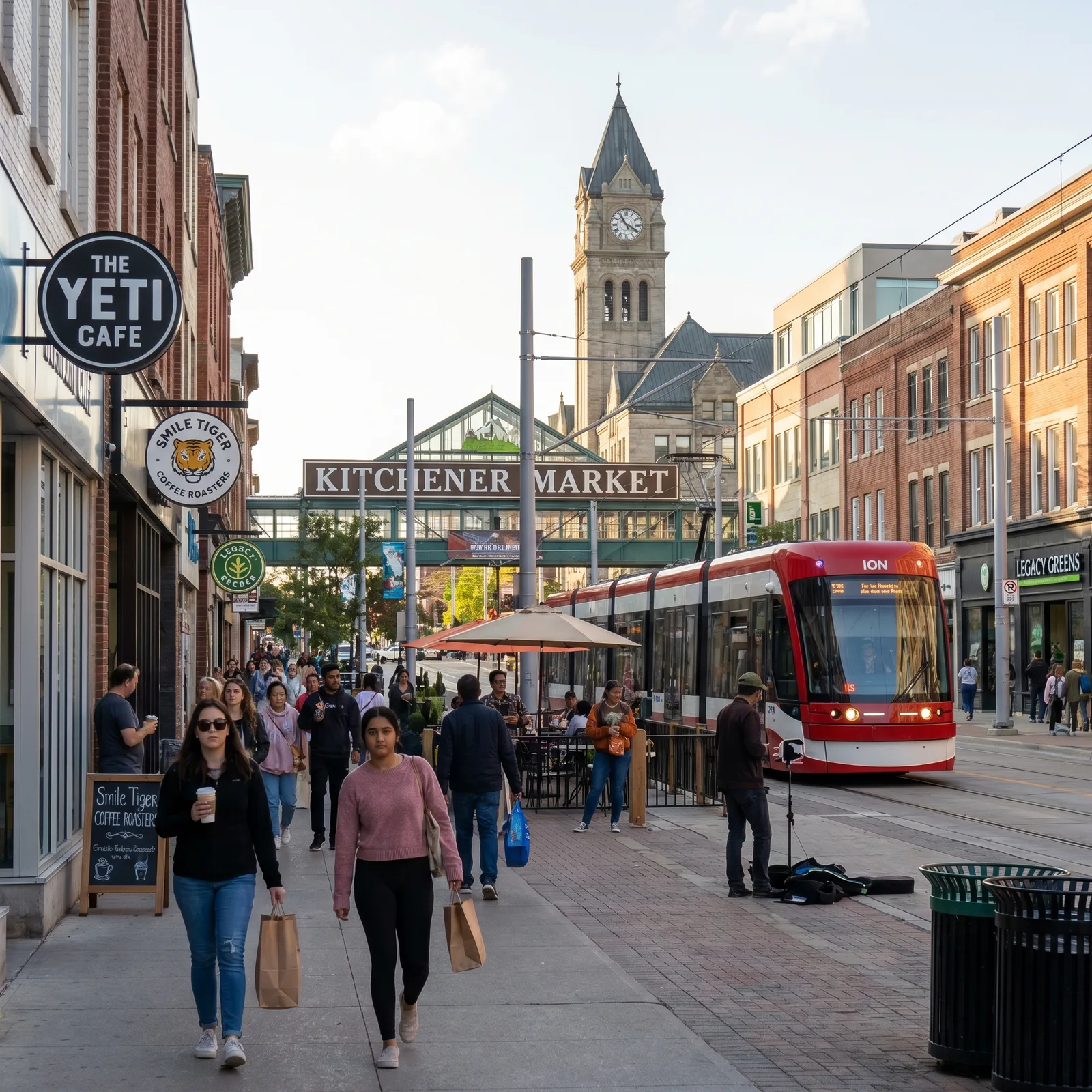 Kitchener Market street with ION light rail and pedestrians