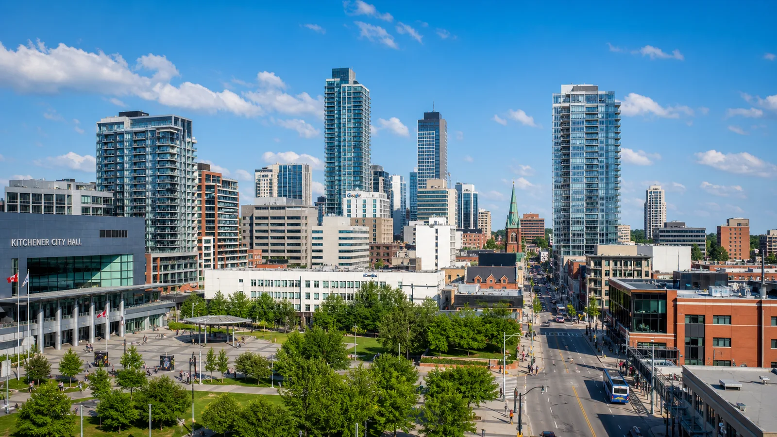 Kitchener skyline with City Hall, downtown towers, and streets