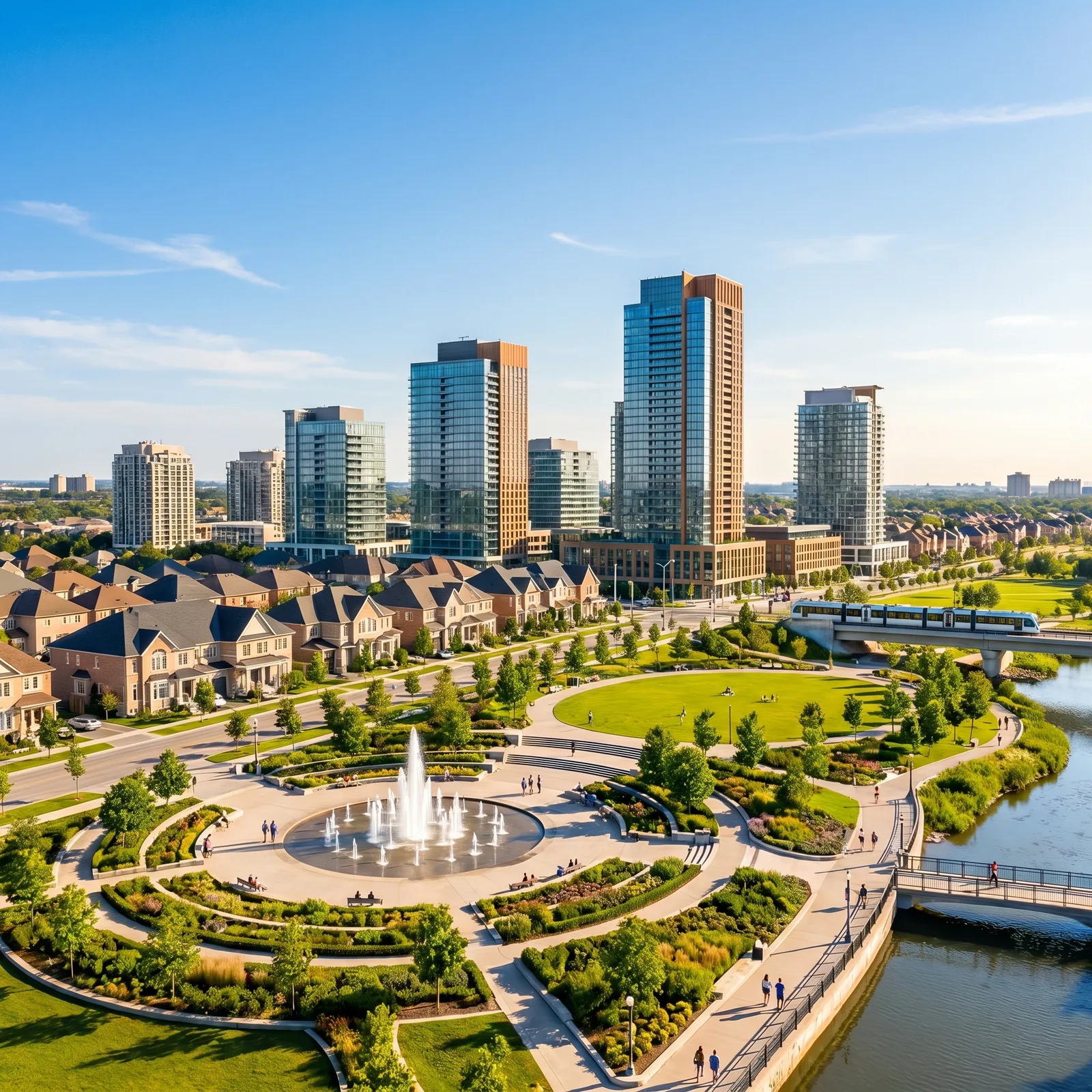 Modern Markham skyline with parks, condos, and transit