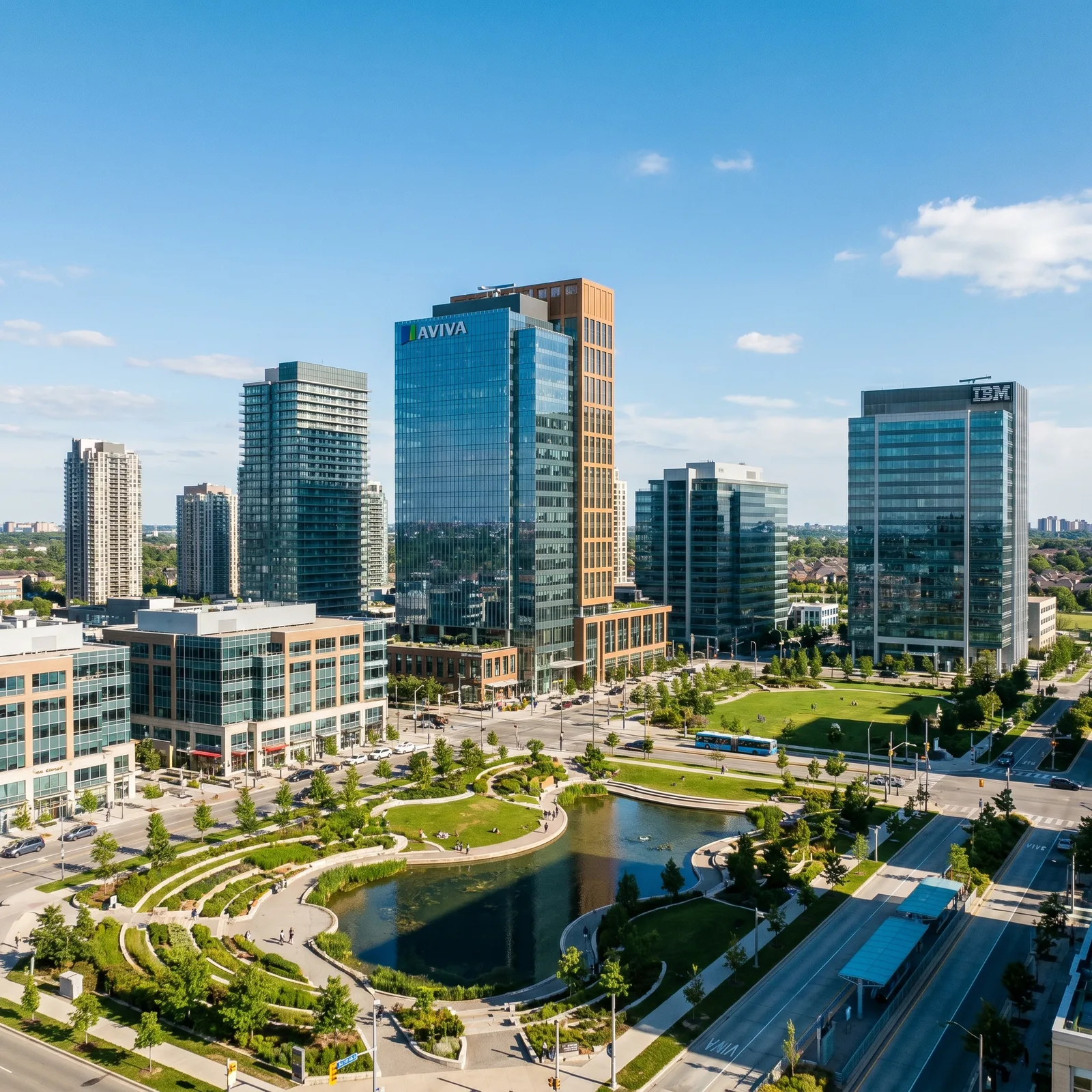 Markham downtown office towers and green public spaces