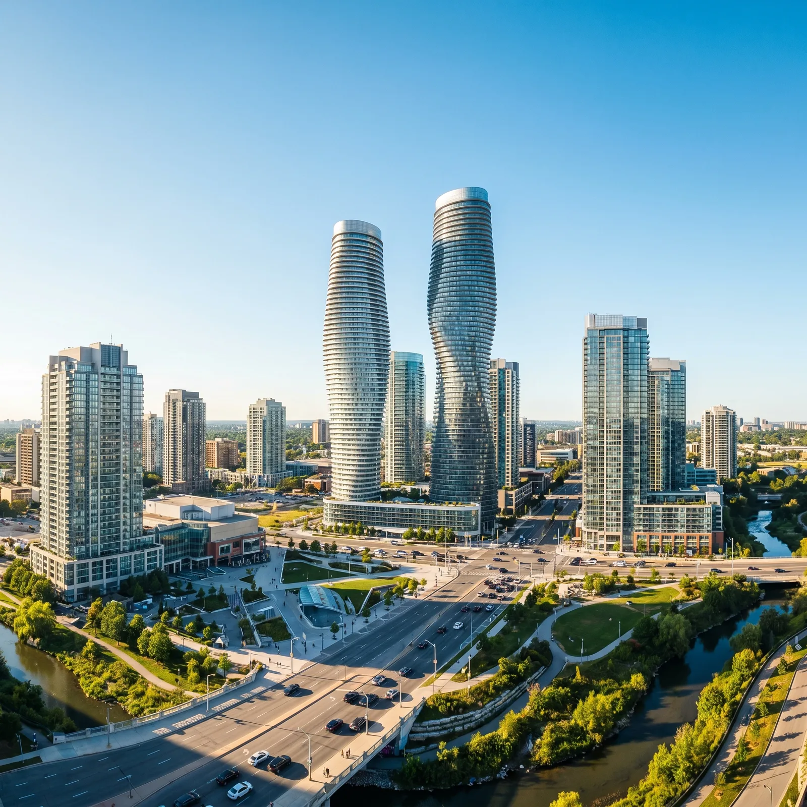Mississauga skyline with high-rise towers and public park space