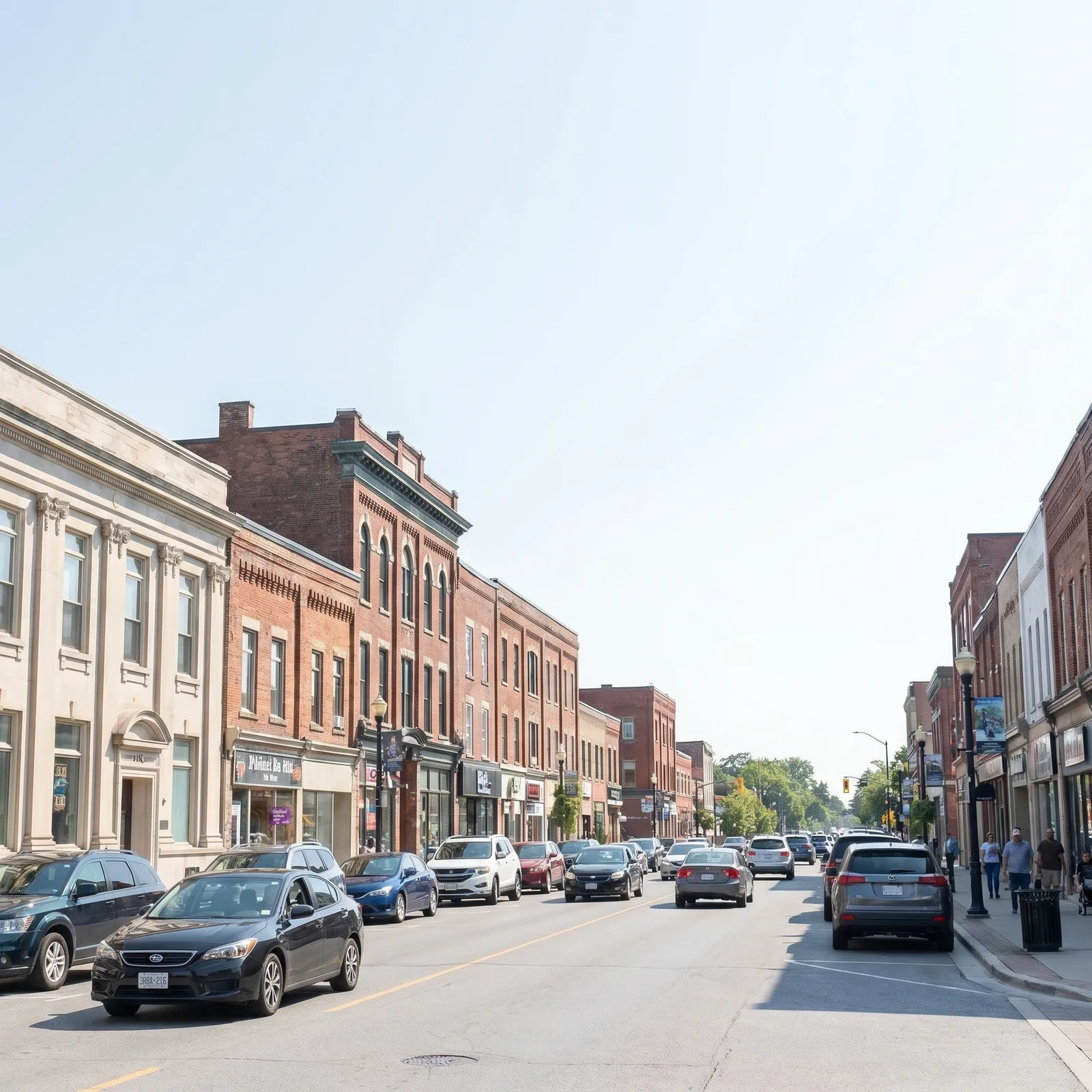 Downtown Oshawa street with parked cars and brick storefronts