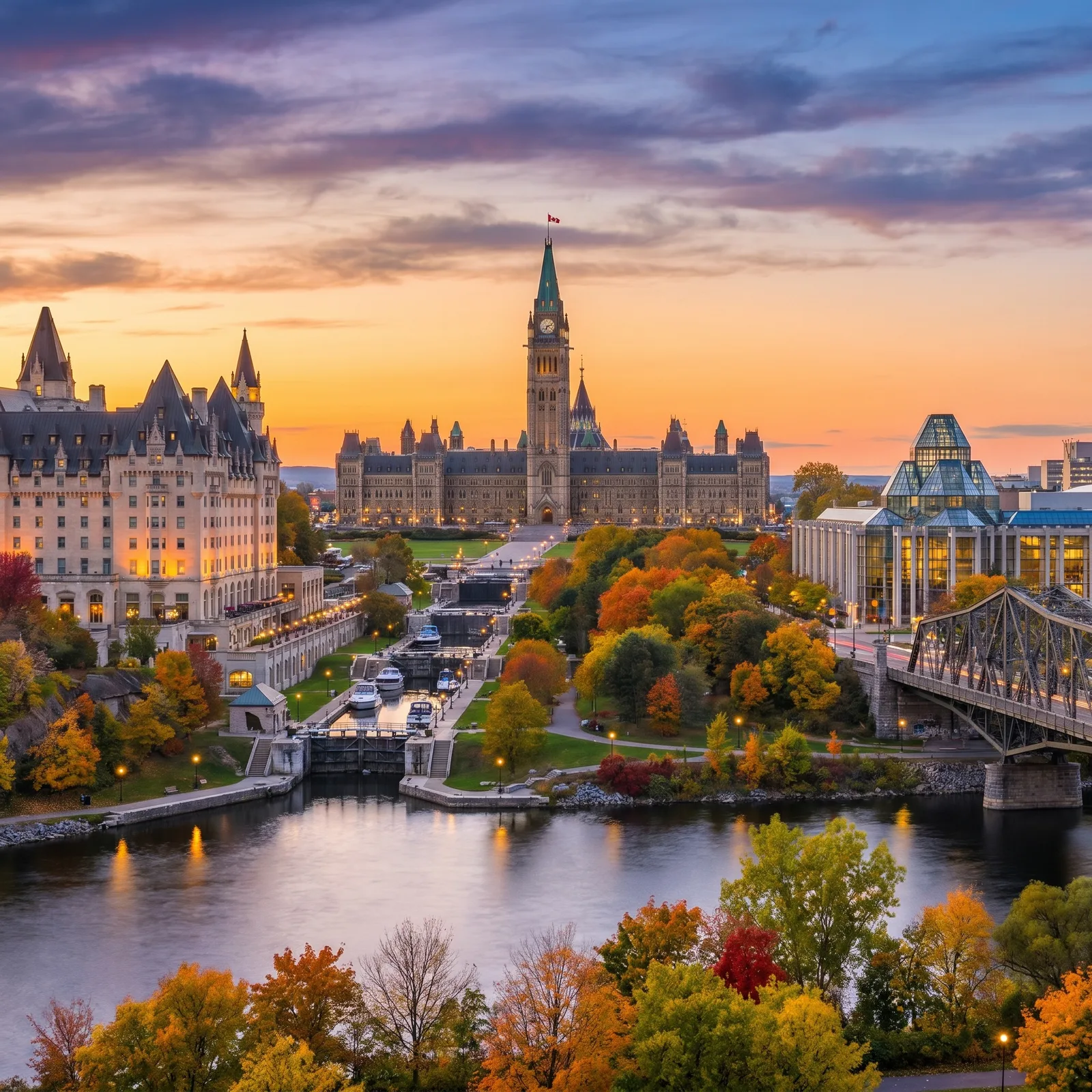 Ottawa Parliament Hill and Rideau Canal at sunset