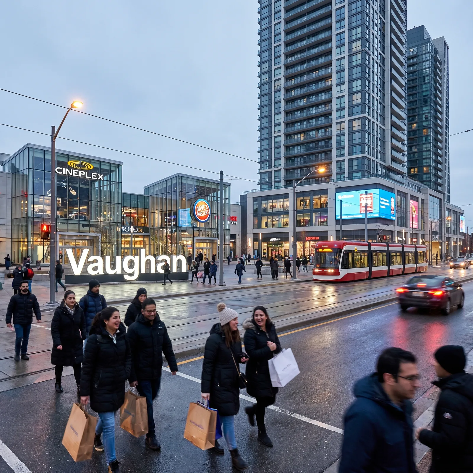 Vaughan shopping district with transit, restaurants, and high-rises