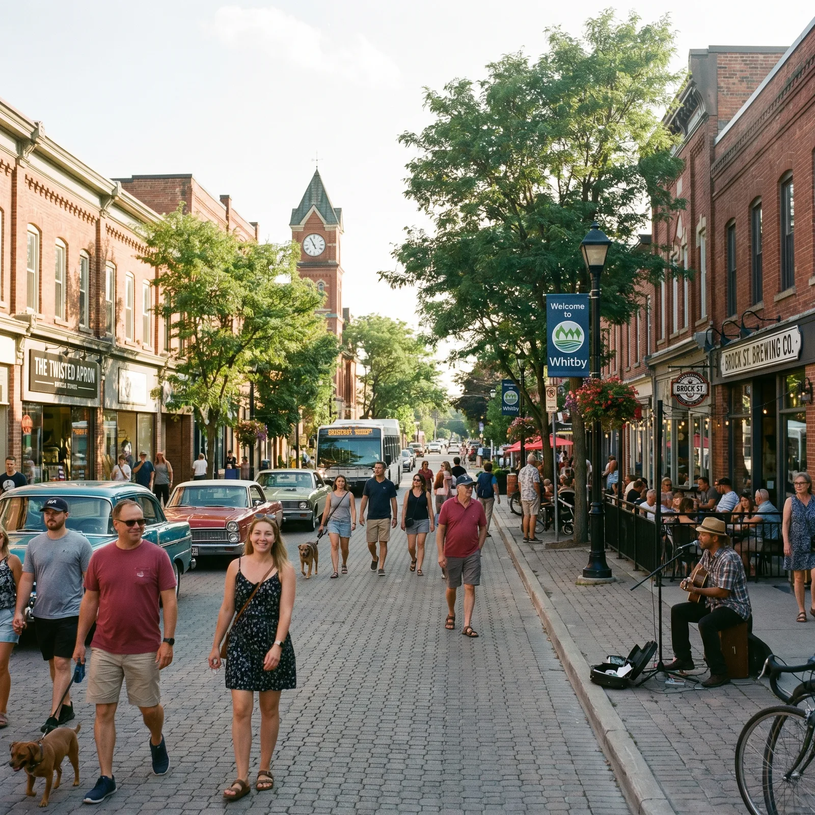 Downtown Whitby street with shops, pedestrians, and historic brick buildings