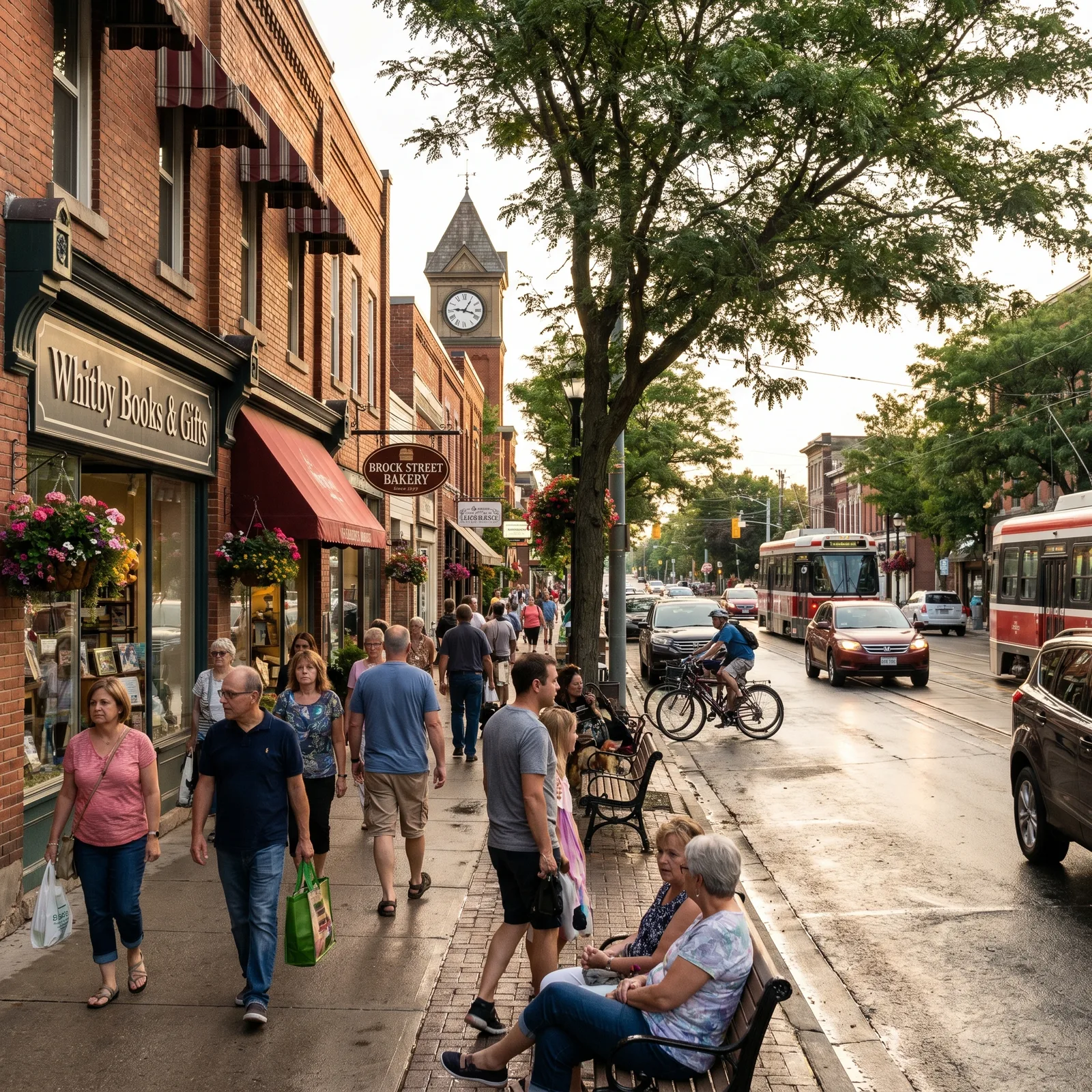 Whitby downtown storefronts with pedestrians and transit