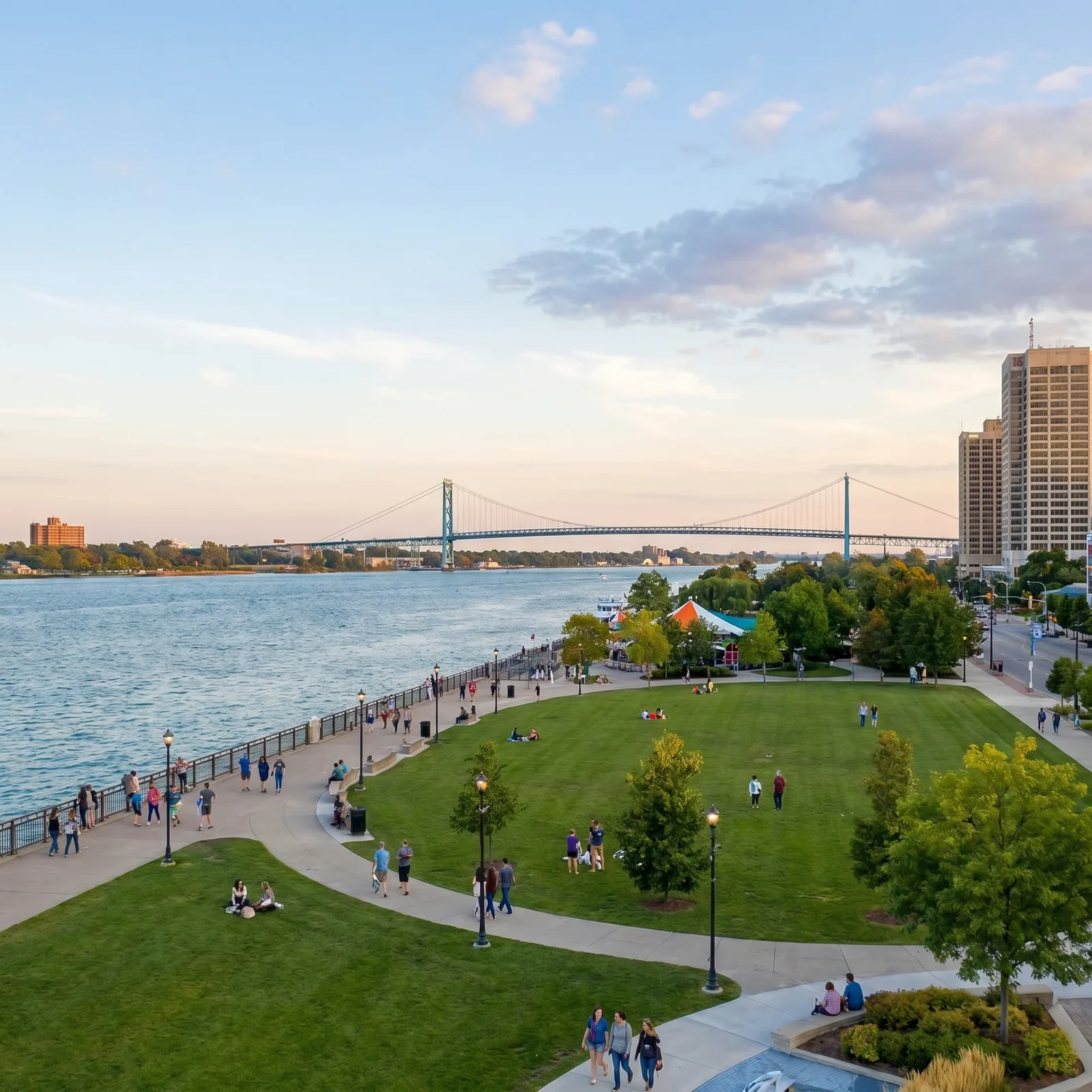Windsor waterfront skyline and riverwalk across from Detroit